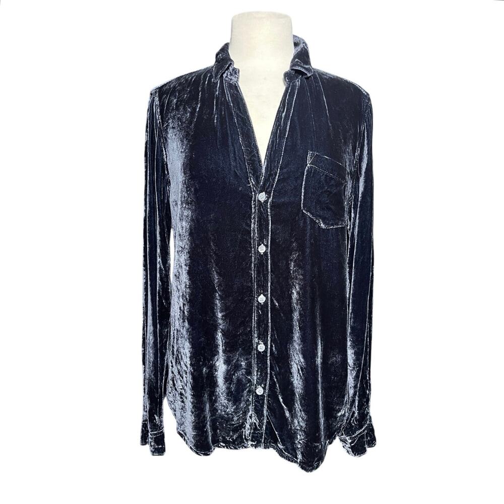 CP SHADES Women’s Silk Blend Long Sleeve Button Front Navy Velvet Top - Picture 2 of 5